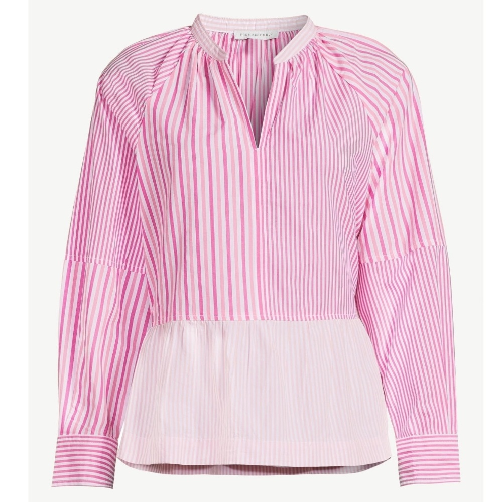 Free Assembly Women's V-Neck Peplum Top with Long Sleeves Pink Striped NEW sz XS